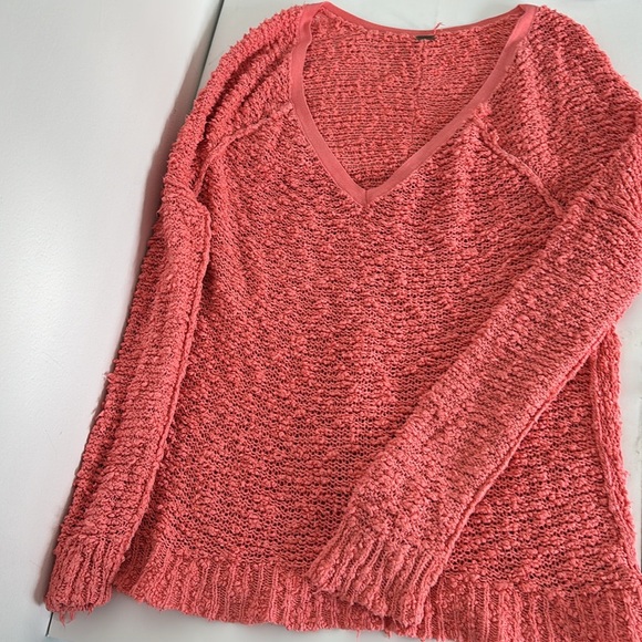 Free People Sweater M Songbird Orange Deep V-Neck Coastal Cowgirl Boho Casual - Picture 7 of 11